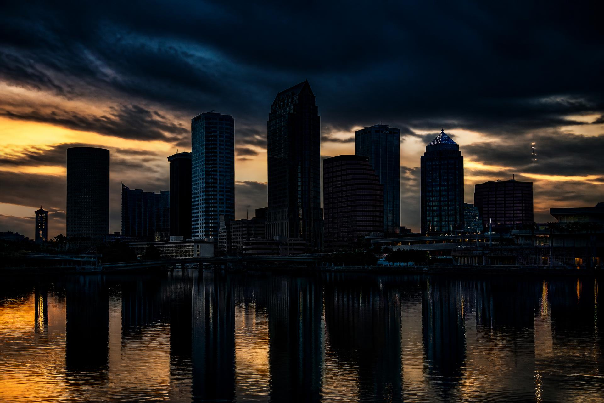 The Tampa, Florida skyline silhouetted at dusk